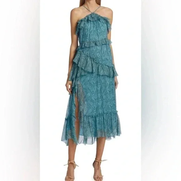 NWT Cinq a Sept Rayner Asymmetric  
Midi Ruffle High Slit Dress - Picture 3 of 11